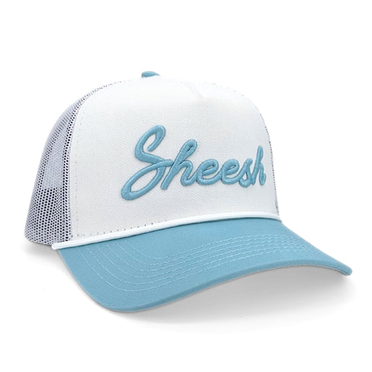 Sheesh Trucker hat in baby blue and white